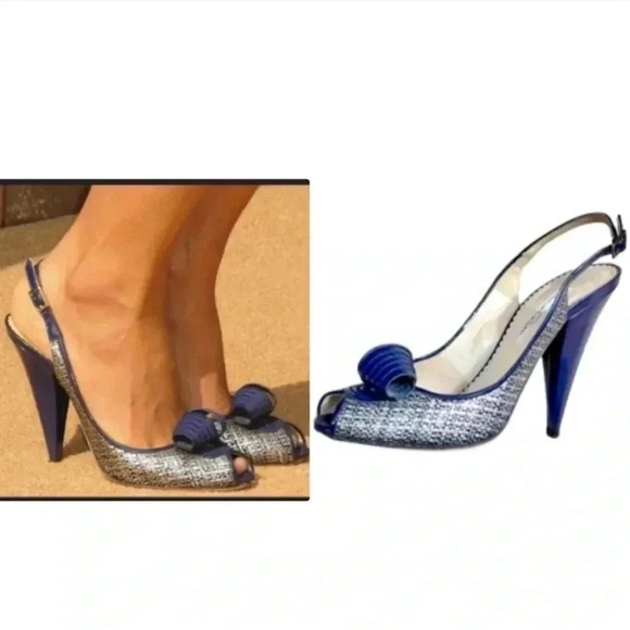 Oscar de la Renta Blue Silver & Vintage Sling Back Heels Open Toe Size 7.5 - Picture 3 of 11